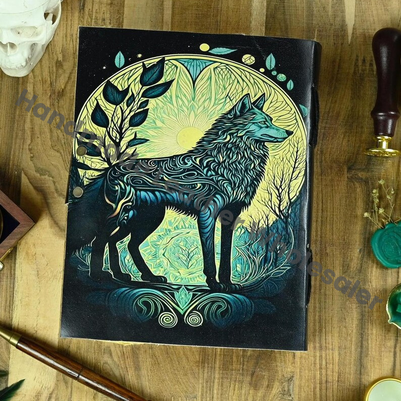 Wolf Vintage Handmade leather Journal, Grimoire Fat journal Blank spell book of shadows Christmas Celestial Gifts For Him Her.