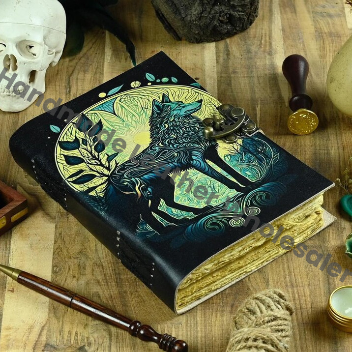 Wolf Vintage Handmade leather Journal, Grimoire Fat journal Blank spell book of shadows Christmas Celestial Gifts For Him Her.