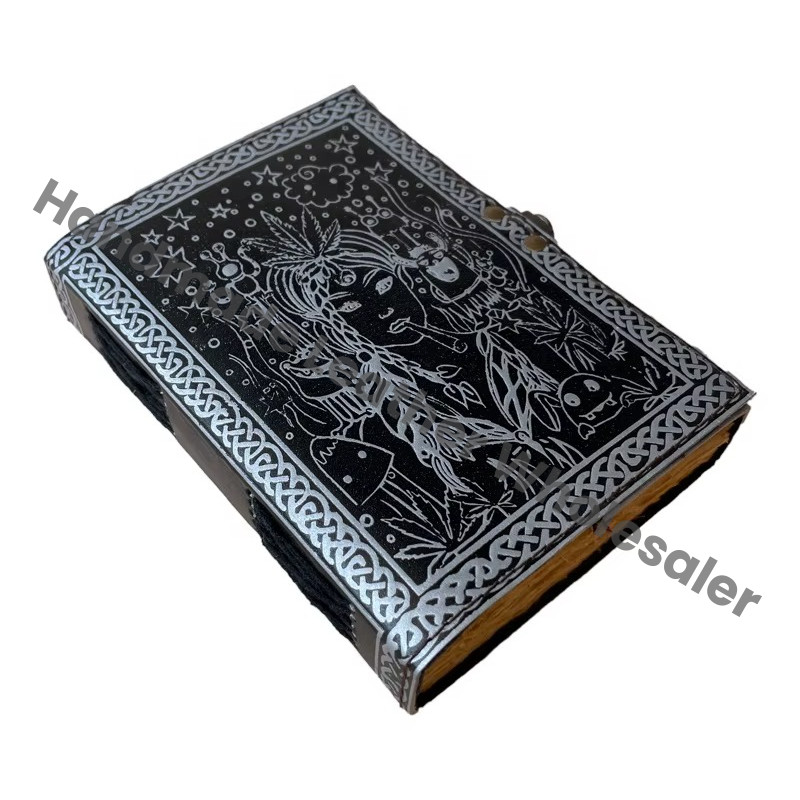 Women Face Leather Hardcover Journal Antique Embossed Lock Black Silver Handmade Paper Spiral Bound Custom Logo Gift Notebook