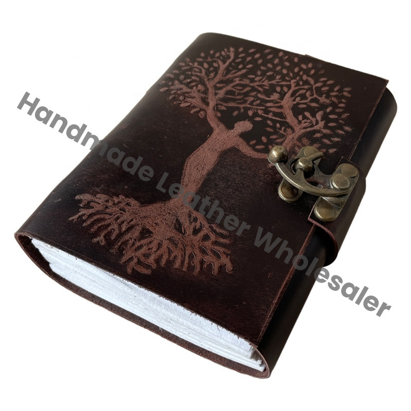 Women's Leather Journal Cotton Paper Tree Life Embossed Cover Thermal Bound Custom Logo Recyclable Handmade