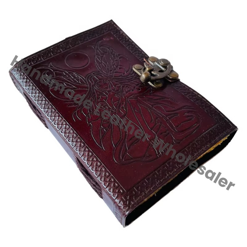 Women's Vintage Leather Book Spiral Binding Handmade Embossed Deckle Edge Celtic Wiccan Journal Gift Brown Address Book